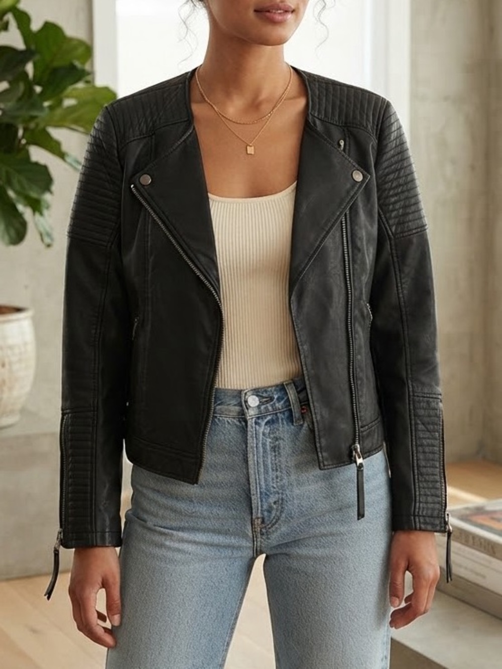 Topshop Black Quilted-Shoulder Moto Vegan Leather Jacket
